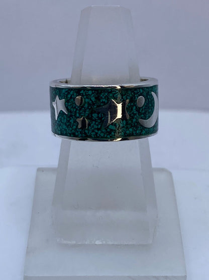 Anillo de Malaquita con Diseño Luna y Estrellas en Plata .925, vista frontal