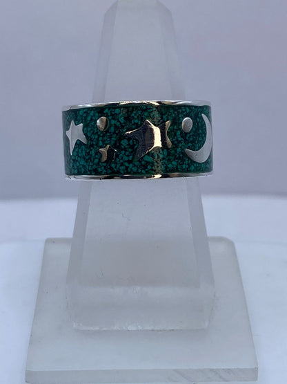 Anillo de Malaquita con Diseño Luna y Estrellas en Plata .925, vista frontal