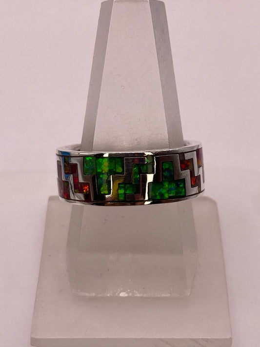 🔥 Anillo de Ópalo de Fuego Diseño Greca Plata Ley 950 — ángulo diagonal