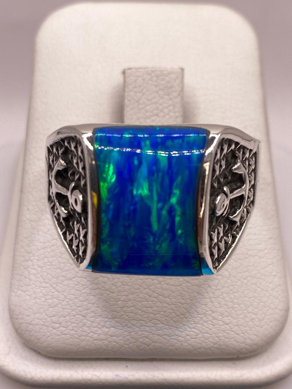 💙⚓ Anillo de Ópalo Azul con Detalle de Ancla en Plata .925