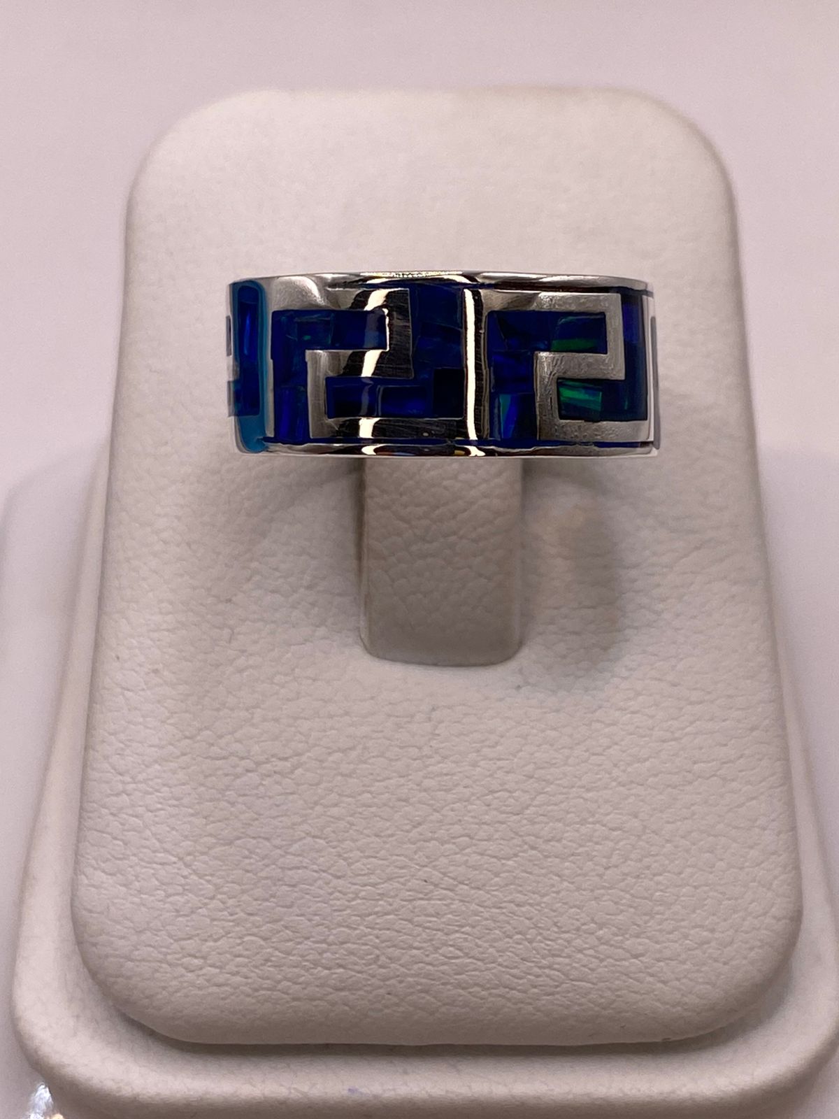 🔥 Anillo con Ópalo de Fuego Azul‑Verde Diseño Greca en Plata Ley 950