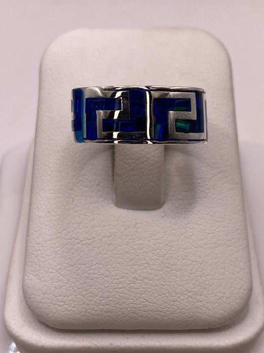 🔥 Anillo con Ópalo de Fuego Azul‑Verde Diseño Greca en Plata Ley 950