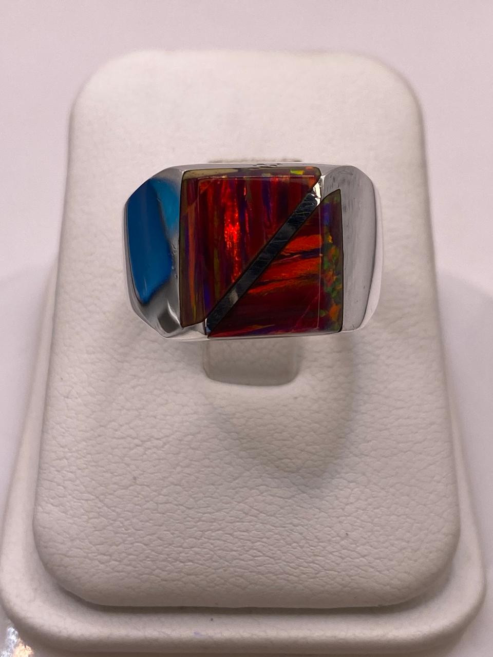 🔥💎 Anillo de Ópalo de Fuego con Diseño Geométrico en Plata Ley 925