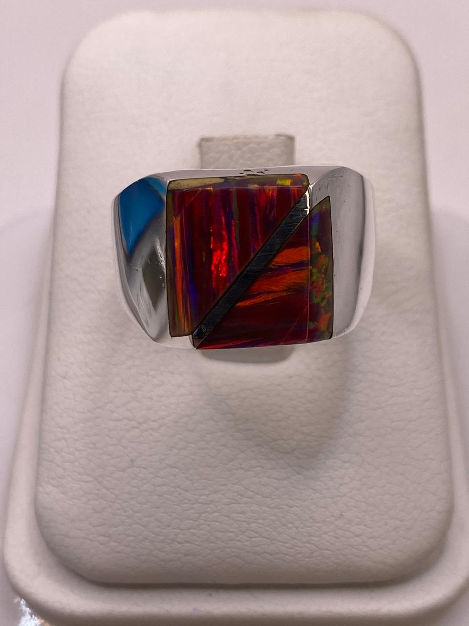 🔥💎 Anillo de Ópalo de Fuego con Diseño Geométrico en Plata Ley 925