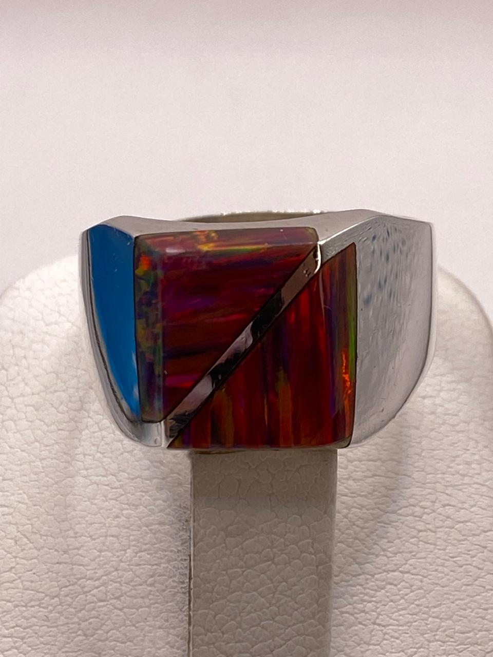 🔥💎 Anillo de Ópalo de Fuego con Diseño Geométrico en Plata Ley 925