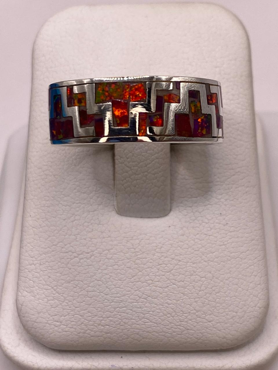 🔥✨ Anillo de Ópalo de Fuego con Diseño Geométrico en Plata Ley 950