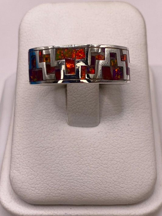 🔥✨ Anillo de Ópalo de Fuego con Diseño Geométrico en Plata Ley 950