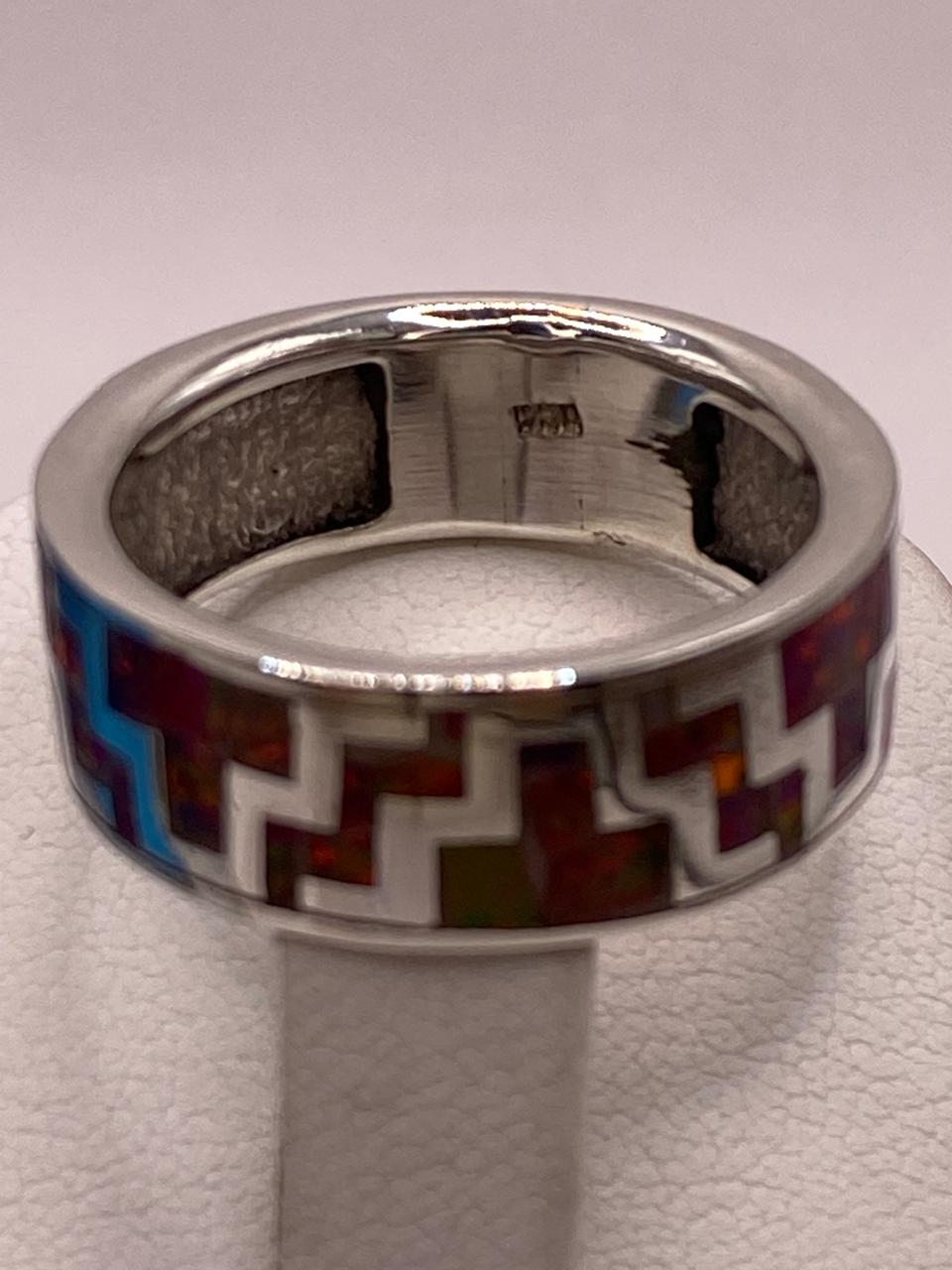🔥✨ Anillo de Ópalo de Fuego con Diseño Geométrico en Plata Ley 950