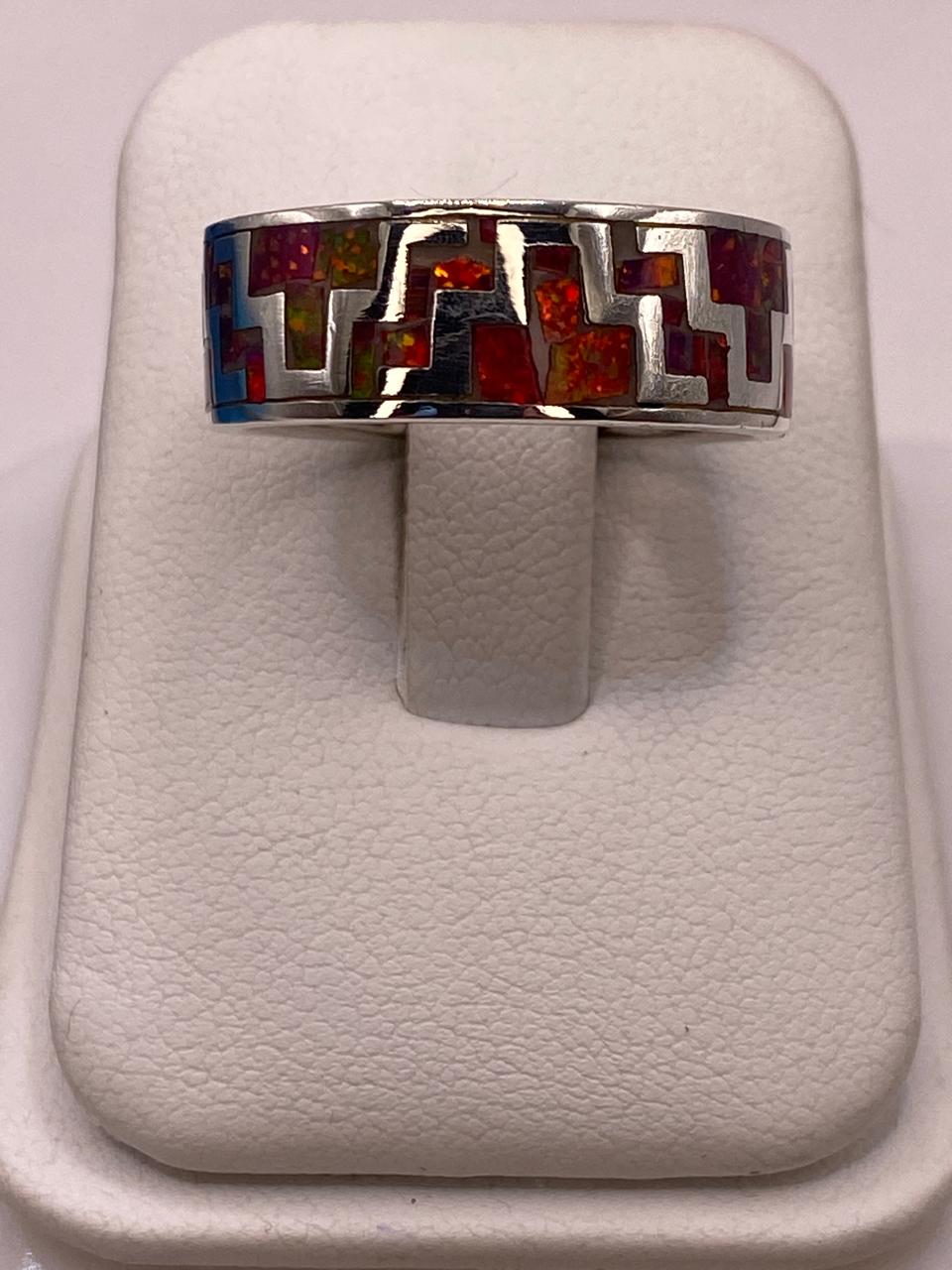 🔥✨ Anillo de Ópalo de Fuego con Diseño Geométrico en Plata Ley 950