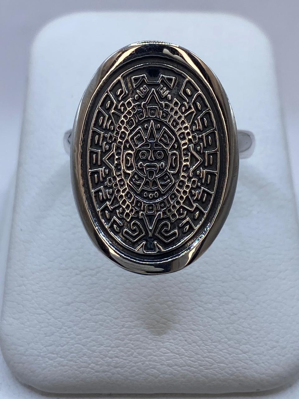 🌞 Anillo Ovalado Calendario Azteca en Plata .925