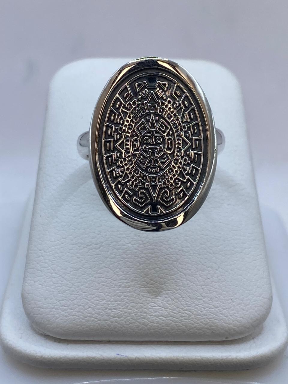 🌞 Anillo Ovalado Calendario Azteca en Plata .925