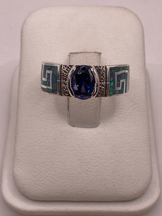 💍 Anillo de Plata 950 con Ópalo de Fuego y Zirconia Azul