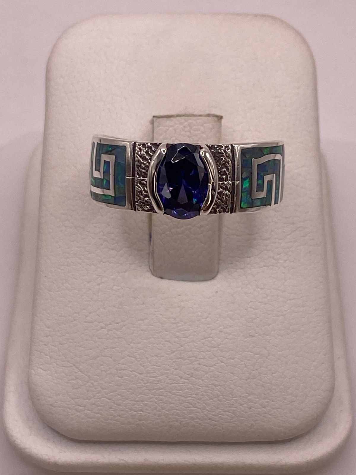 💍 Anillo de Plata 950 con Ópalo de Fuego y Zirconia Azul — ángulo diagonal