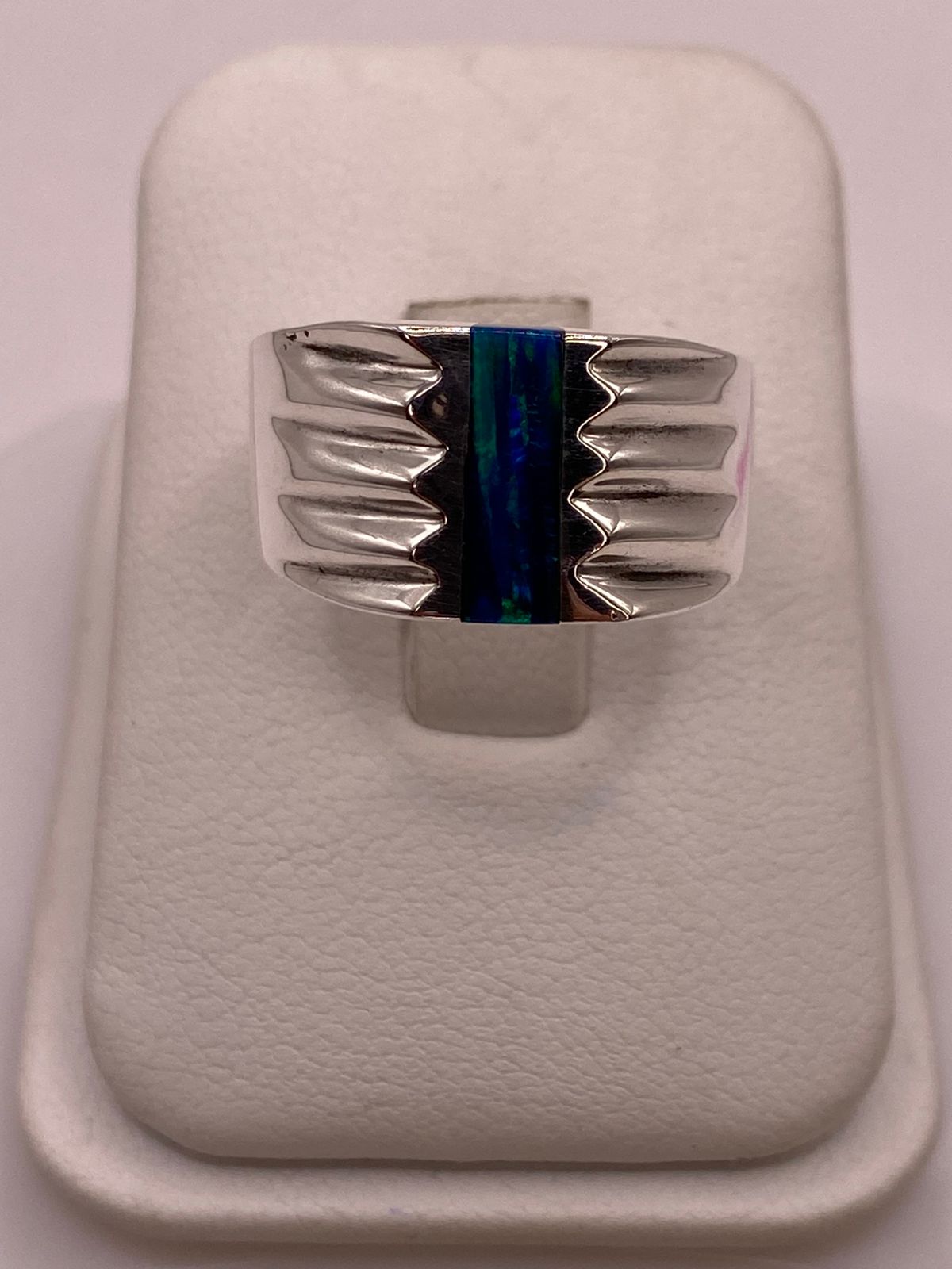 Anillo Plata Ley 925 con Ópalo de Fuego Diseño Contemporáneo Incrustación Vertical