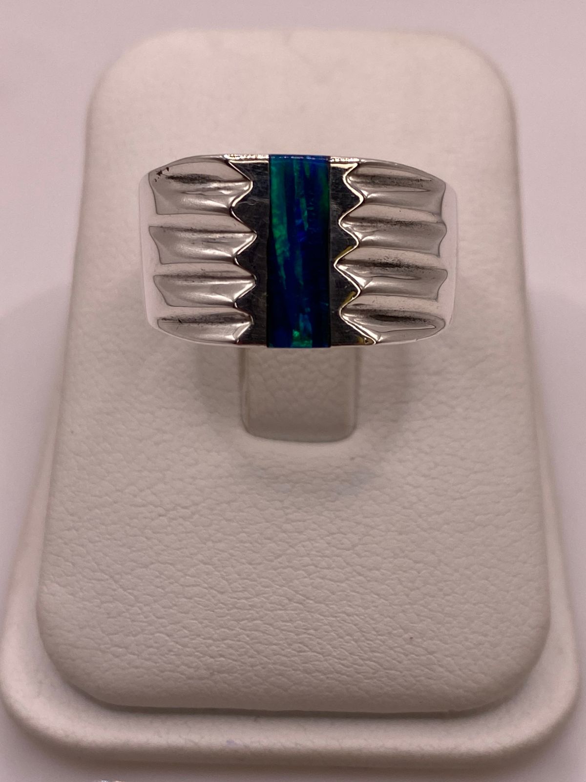 Anillo Plata Ley 925 con Ópalo de Fuego Diseño Contemporáneo Incrustación Vertical