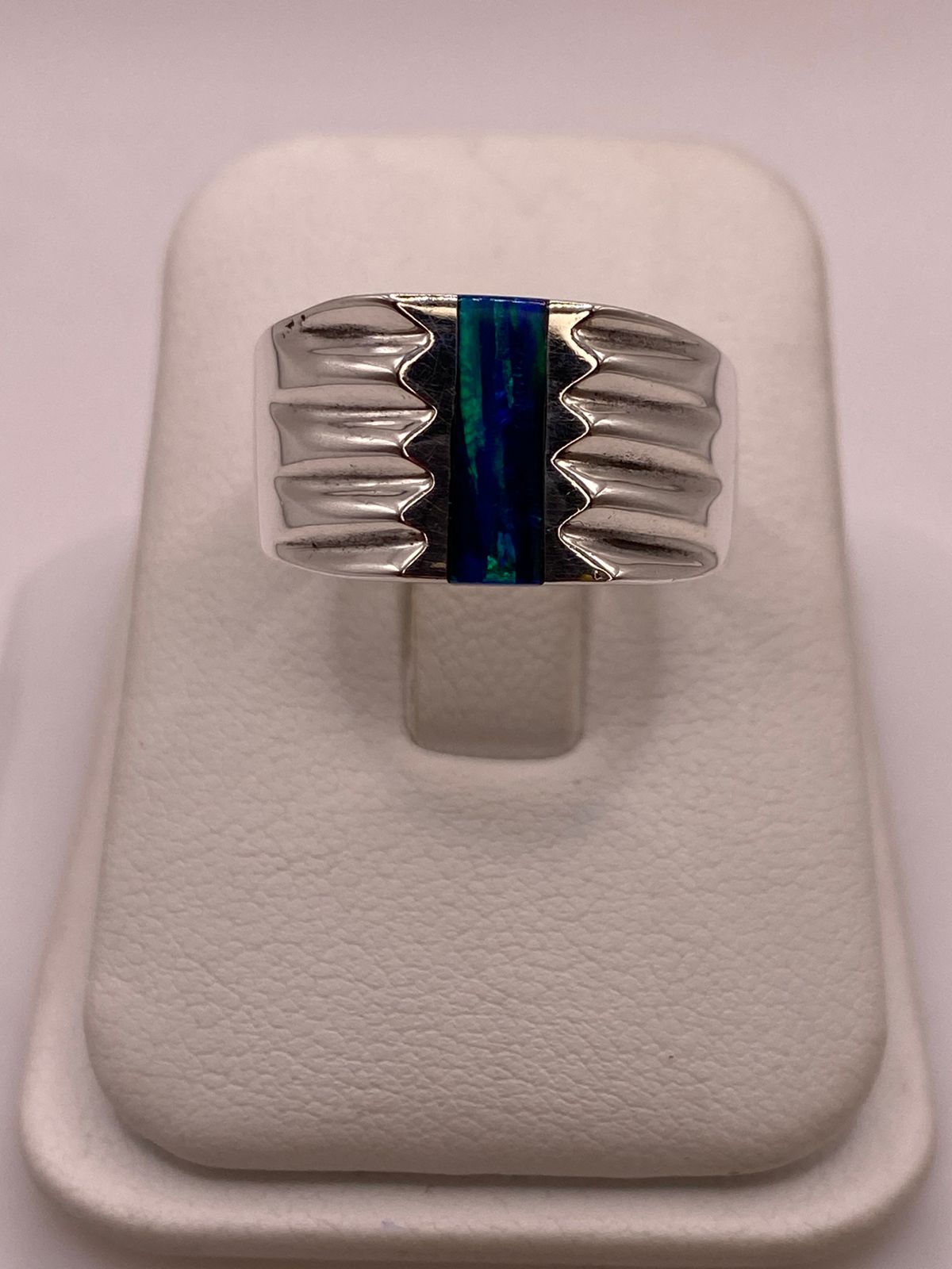 Anillo Plata Ley 925 con Ópalo de Fuego Diseño Contemporáneo Incrustación Vertical