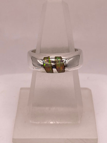 Anillo Plata Ley 925 con Ópalo de Fuego Diseño Moderno de Doble Incrustación