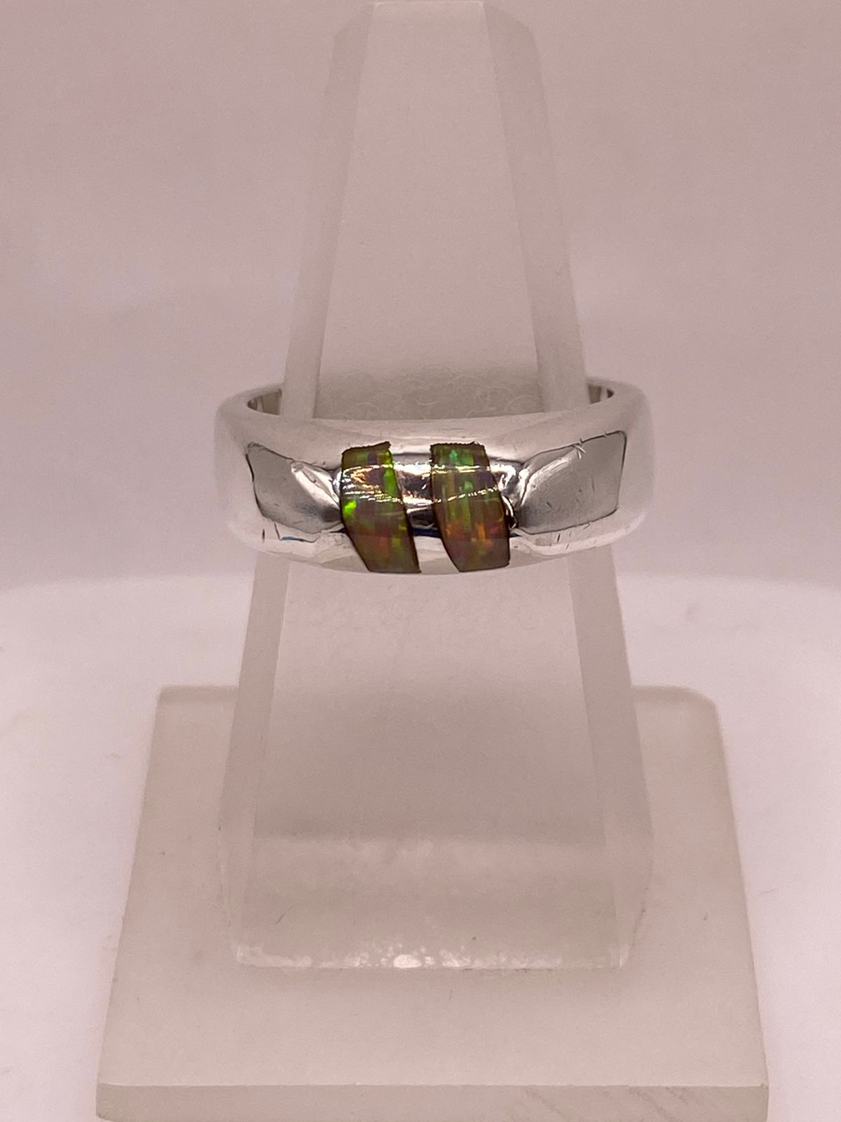 Anillo Plata Ley 925 con Ópalo de Fuego Diseño Moderno de Doble Incrustación