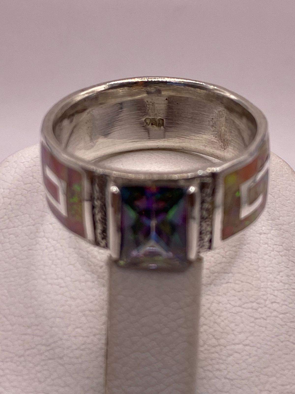 Anillo Plata Ley 950 con Ópalo de Fuego y Circonia Multicolor Diseño Greca