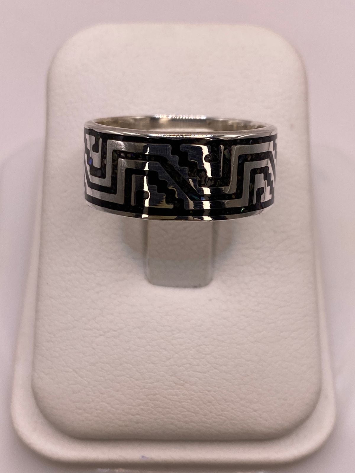 Anillo de Plata .925 con Greca Prehispánica y Obsidiana