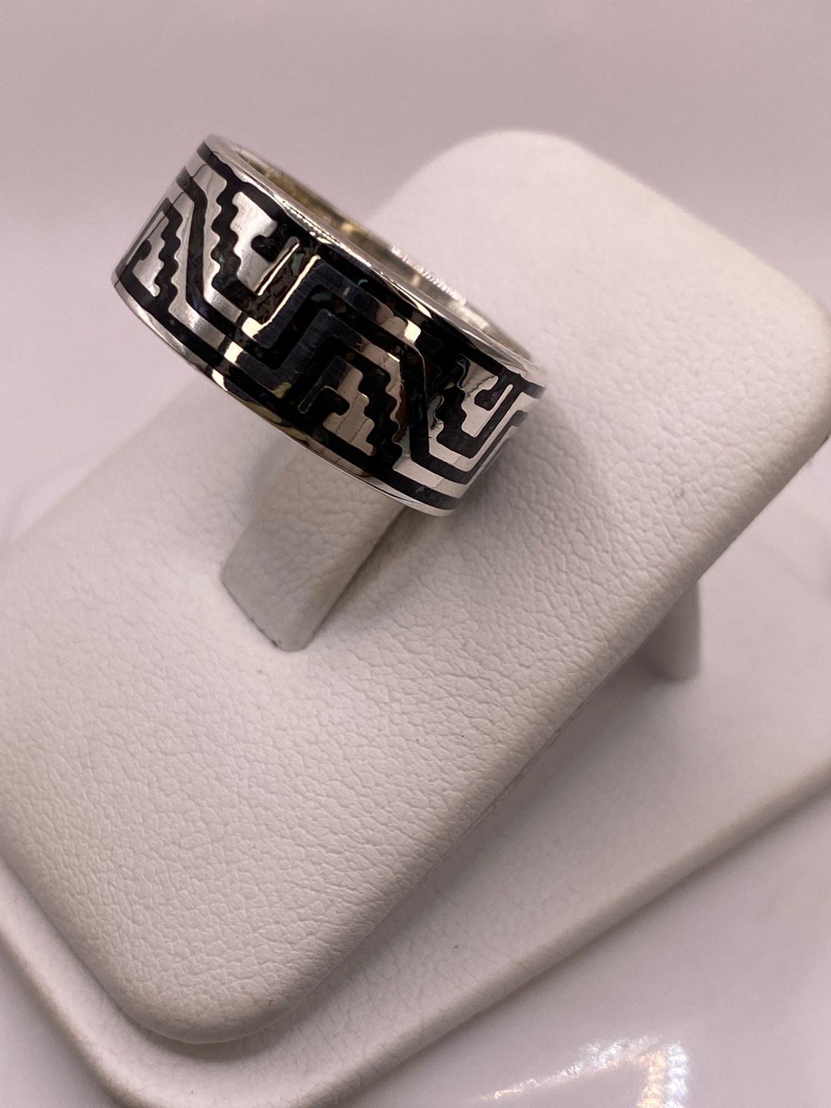 Anillo de Plata .925 con Greca Prehispánica y Obsidiana