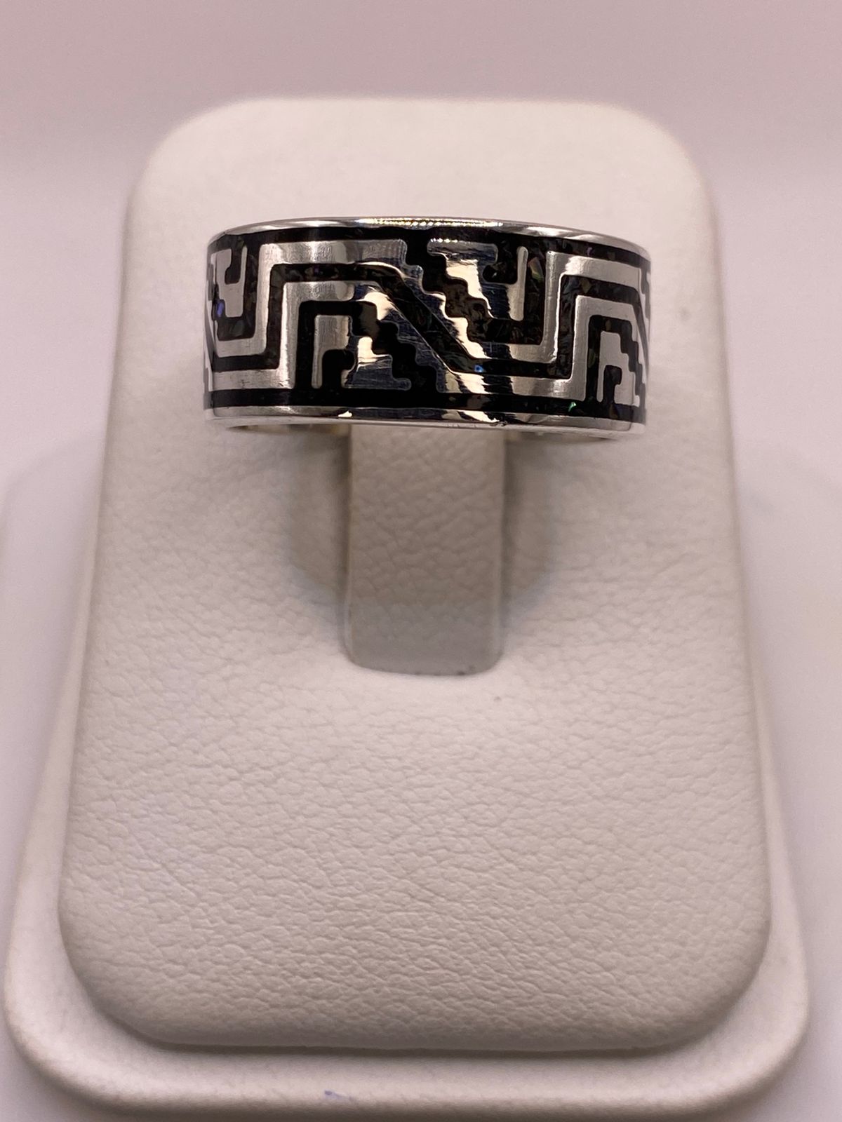 Anillo de Plata .925 con Greca Prehispánica y Obsidiana