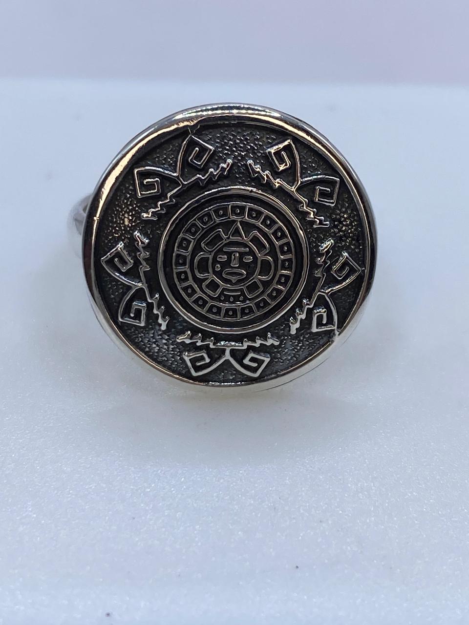 Anillo Redondo Calendario Azteca en Plata .925 – Diseño Prehispánico