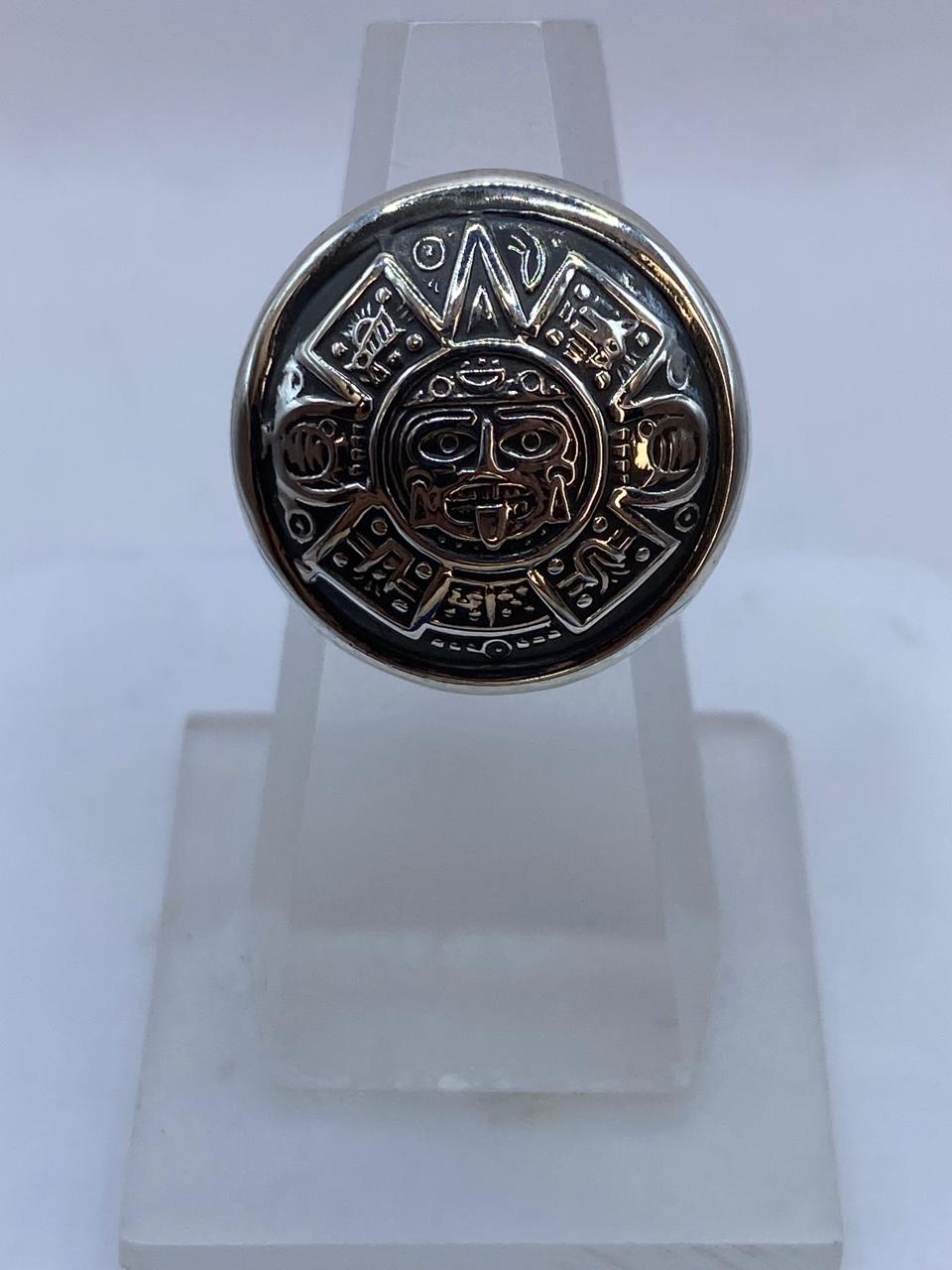 Anillo Sol Azteca en Plata .925 – Diseño Prehispánico Circular Tipo Sello