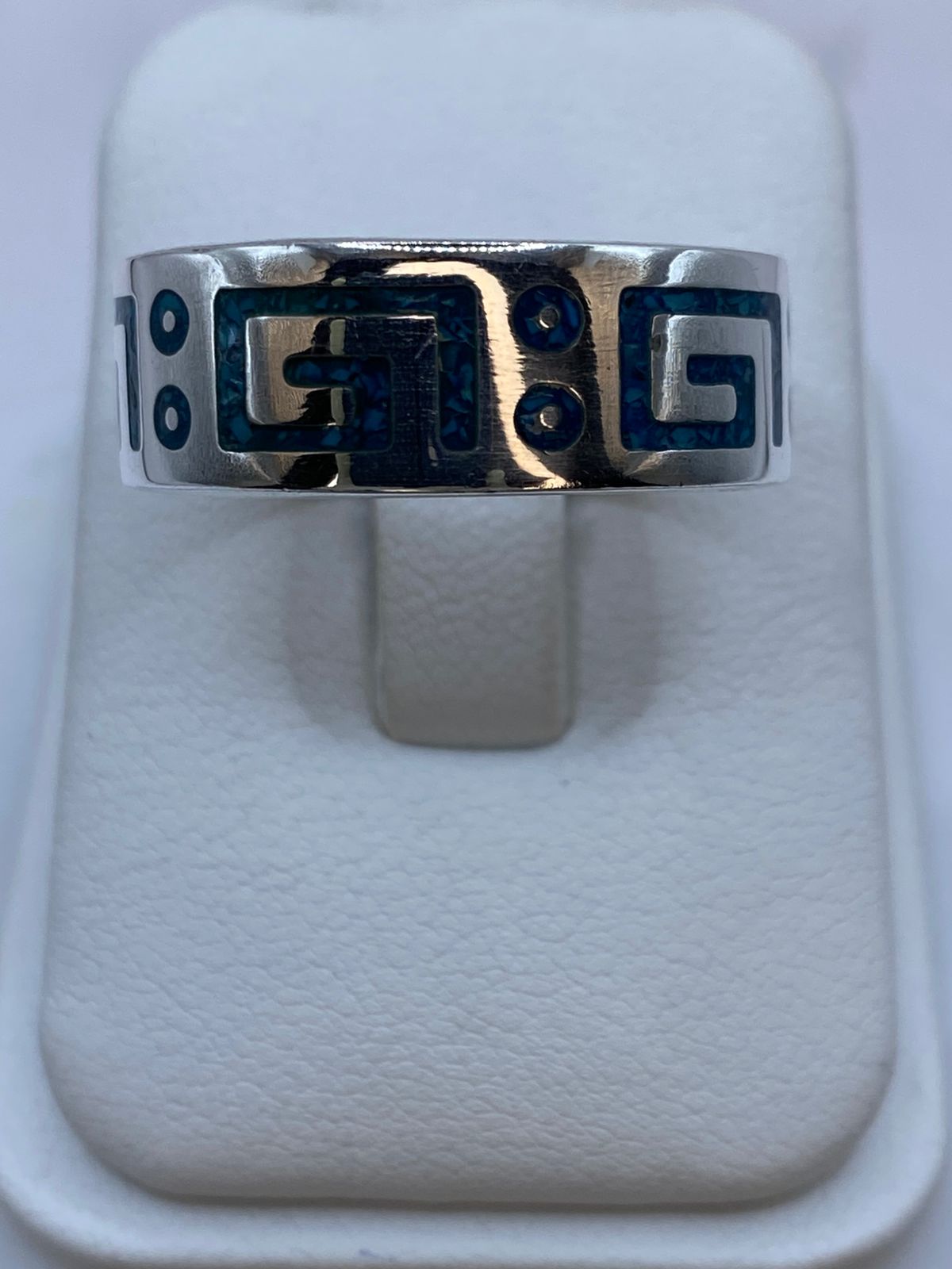 Anillo de Turquesa con Greca y Detalles Circulares en Plata .925