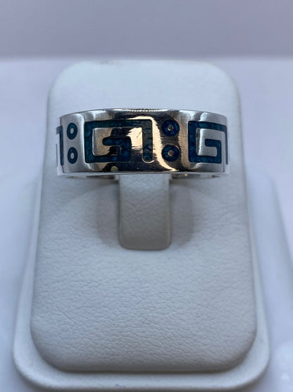 Anillo de Turquesa con Greca y Detalles Circulares en Plata .925, sello de autenticidad Plata Ley .925