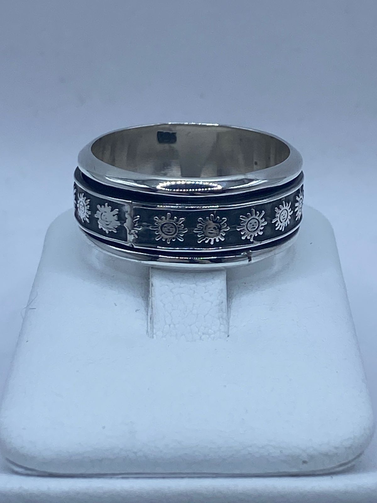 Anillo Giratorio de Plata 925 con Soles Grabados — Antiestrés Artesanal Taxco, sello de autenticidad Plata Ley .925