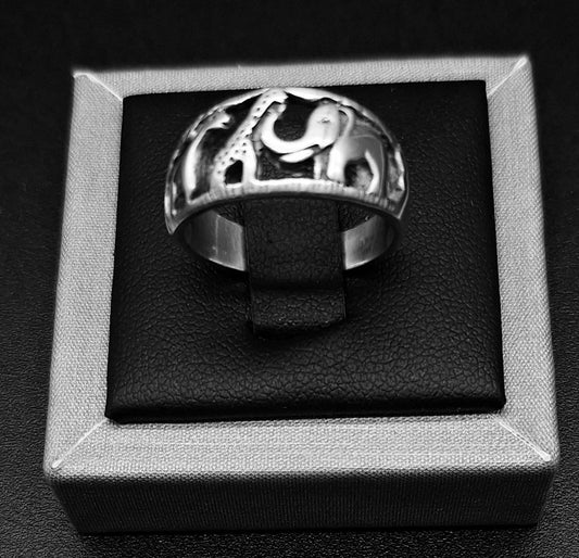 ANILLO  SAFARI , ELEFANTE Y JIRAFA EN PLATA LEY 925