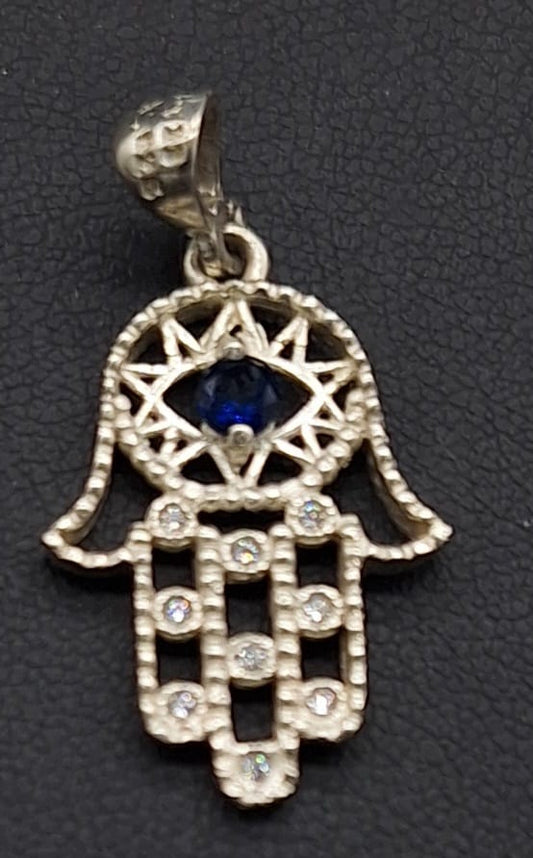 DIJE PLATA LEY 925 , MANO DE FATIMA CON TOPACIO AZUL