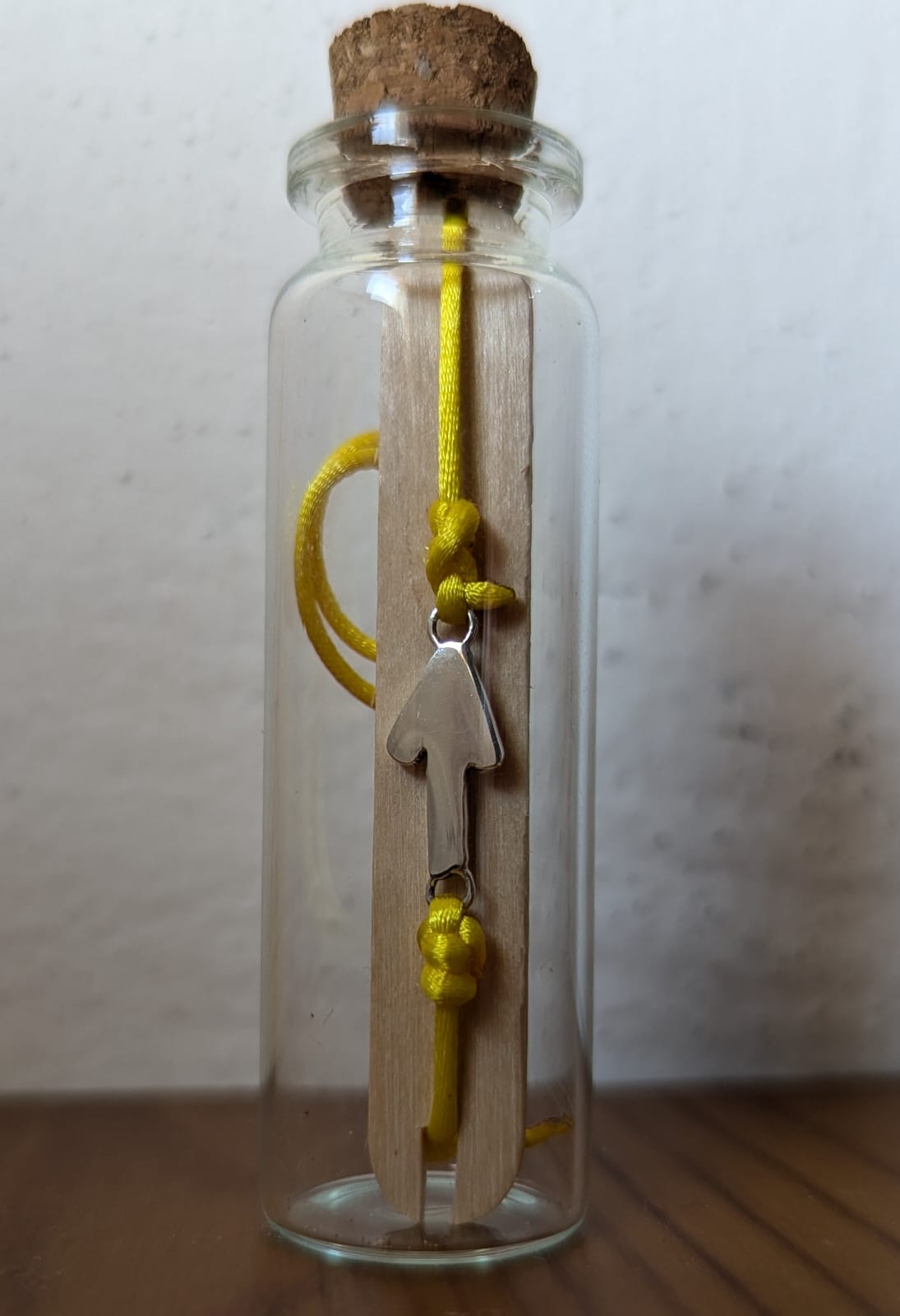 Pulsera con Flecha del Camino de Santiago en Plata 925, Hilo de Poliéster en Botellita — vista frontal