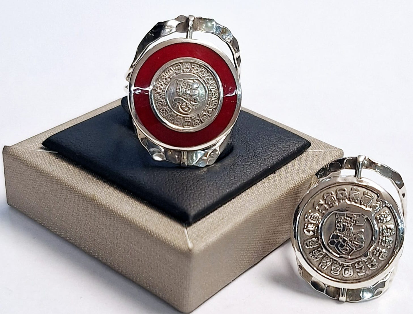 ANILLO DOBLE VISTA CALENDARIO MAYA  EN PLATA LEY 925