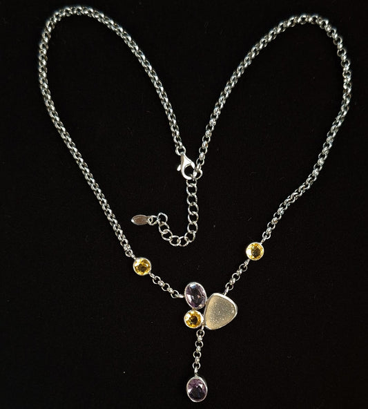 COLLAR  CON INCRUSTACIONES DE AMATISTA , CITRINA , Y CUARZO EN PLATA LEY 925