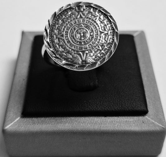 ANILLO CALENDARIO AZTECA EN PLATA LEY 925
