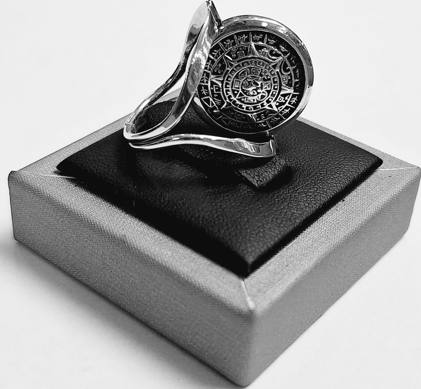 ANILLO DOBLE VISTA CALENDARIO MAYA Y AZTECA  EN PLATA 925