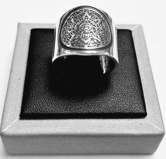 ANILLO CALENDARIO AZTECA CON GRECAS EN PLATA LEY 925